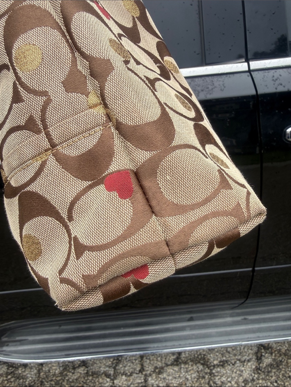 🌺❤️Coach Poppy Glam Tote 16289 Hearts Gold Dot Signature Canvas Red Leather Y2K🤎 - Picture 15 of 15